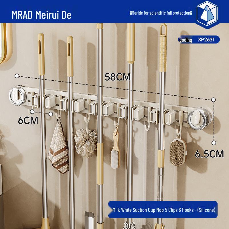 Movable Suction Cup Mop Clip Wall-Mount Storage Rack