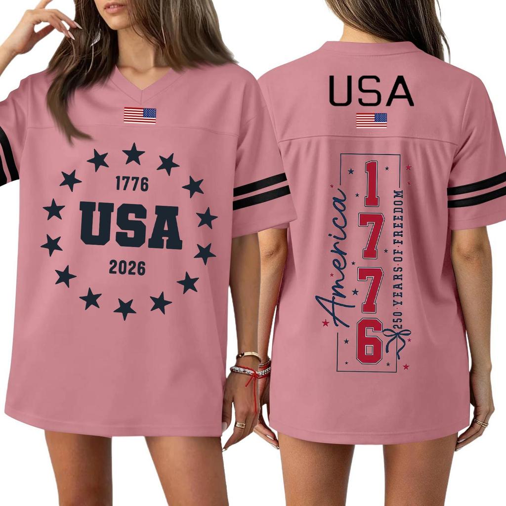 Womens Short Sleeve V Neck Oversized T Shirt 1776 2026 USA Letter Print Loose Fit Top Flag Graphic Tee