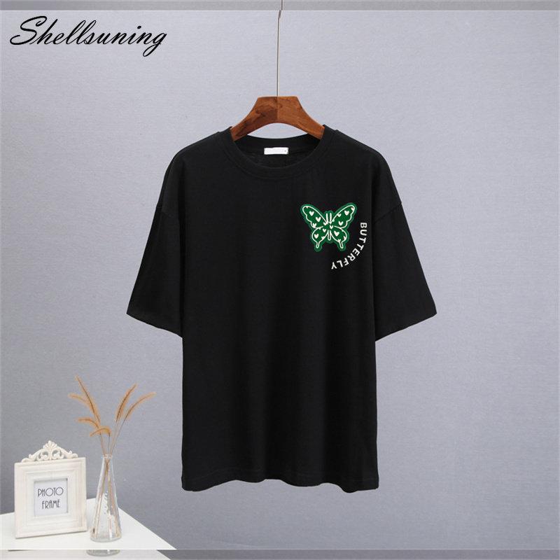 Shellsuning Sommer Baumwolle O Neck T Shirts Frauen Schöne Schmetterling Kurzarm 3D Brief Drucken Tees Lose Weiche Grundlegende Weibliche tops