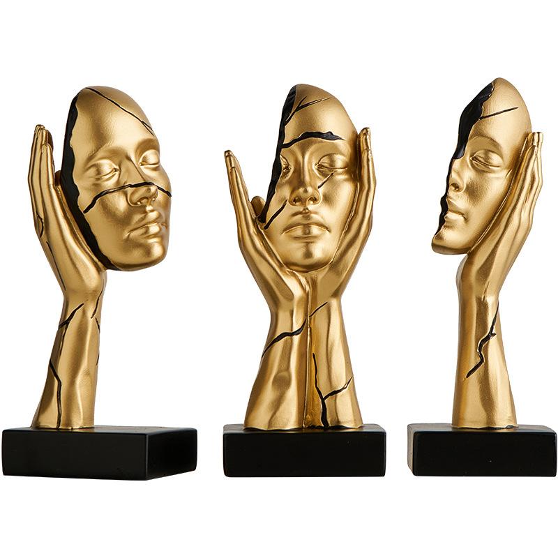 3PCS Gilded Face Sculpture Ornaments Resin Crafts Character Statuettes Living Room Office Bookcase Golden Body Ornaments Gifts