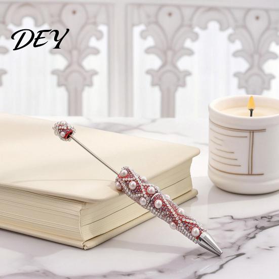 Creative Gift for Women DIY Beadable Pen, Bling Rhinestones And Faux Pearls Beaded Office Desk Accessories Black Ink Ballpoint Pen School Supplies