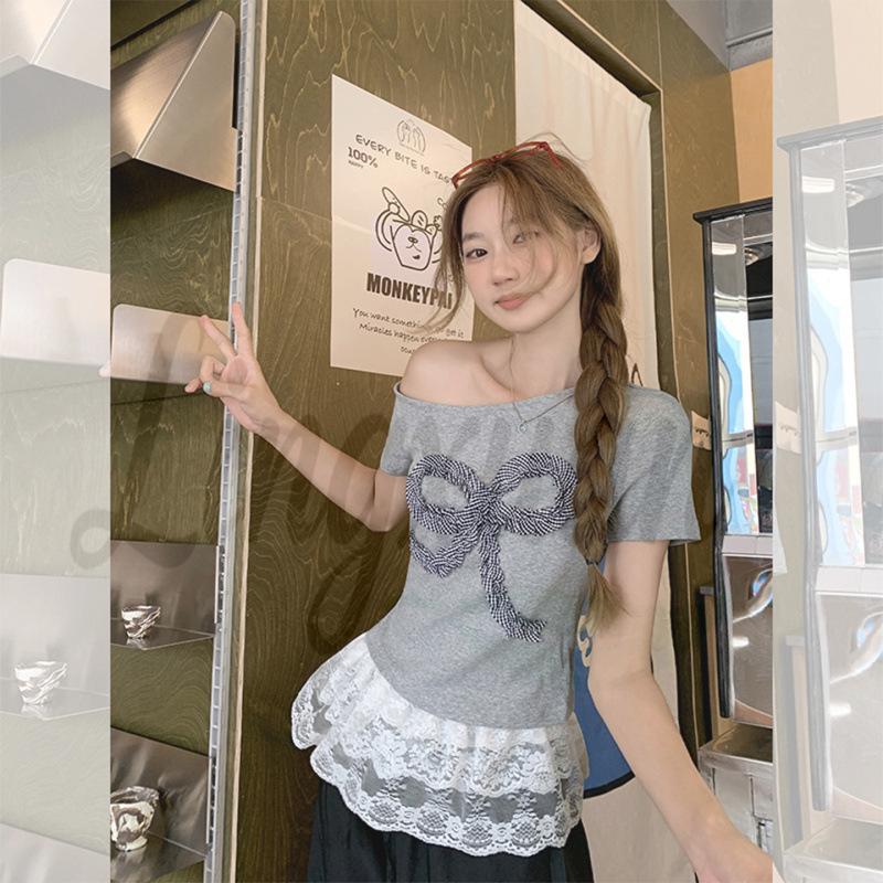 

Korean Style Heather Grey 3D Bow Slim Fit One-Shoulder T-Shirt for Women - Summer 2026 Collection Small хізер сірий колір