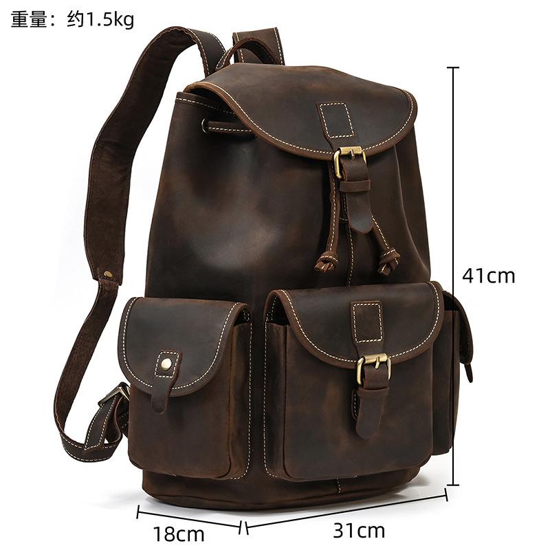 Leather Backpack Large Capacity Men'S Retro Mad Horse Leather Travel Bag Student Schoolbag Can Hold 15 Inch Backpack
