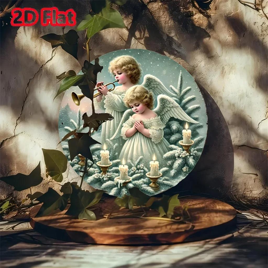 pcHome Decorative PaintingsFoil Engraving Angel Christmas Tree Round Metal Sign Aluminum Wall Art For Home Cafe Bar
