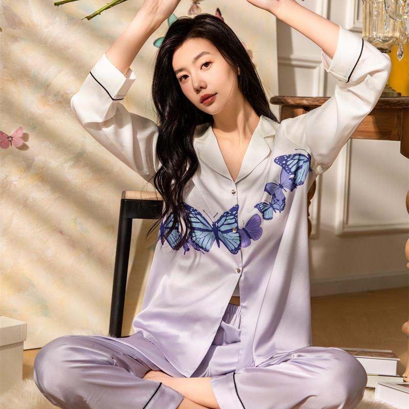 Spring and Summer Latest Style Butterfly Print Satin Thin Ice Silk Pajamas for Women Relaxed Fit Solid Color Pajamas Set Pajamas