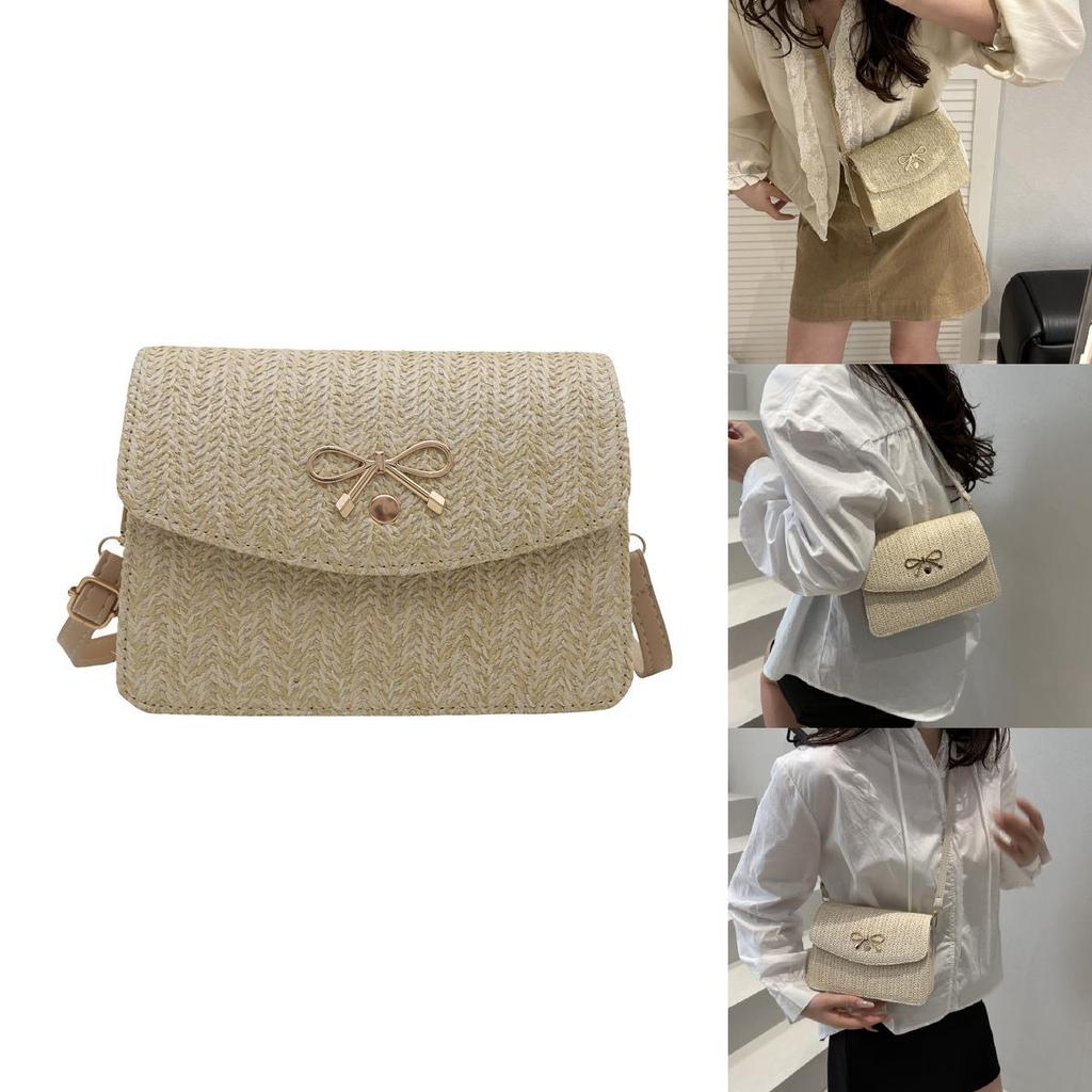 Simple Gold Bow Decoration Woven Texture Women Casual Shoulder Bag For Daily Use