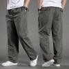 Men's Plus Size Casual Cargo Pants, Spring/Autumn, Cotton, Elastic Waist, Loose Fit, Straight Leg, Middle-Aged Style
