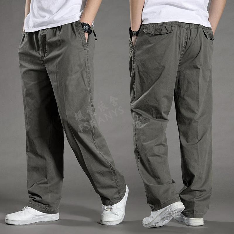Men's Plus Size Casual Cargo Pants, Spring/Autumn, Cotton, Elastic Waist, Loose Fit, Straight Leg, Middle-Aged Style
