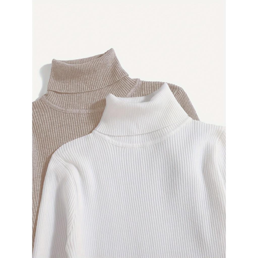 3 Pack Turtle Neck Ribbed T-Shirt, Versatile Slim Solid Color Long Sleeve T-Shirt for Spring & Fall, Women's Clothing