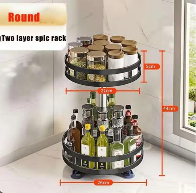 360°Rotating Kitchen Spice Rack Round Storage Container Non-Skid 2 Tier Turntable Organizer Storage Tray Cosmetics Organizer