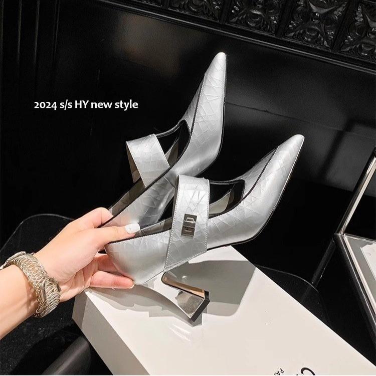 Fashion Spring 2025 Fashion Wedding Shoes Designer Pointed Horseshoe Heeled Women's Shoes Plus Size 43 Gold Silver Black