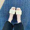 Korean version of pleated square head one-word sandals women's summer 2025 new fashion letter flat bottom outside casual slippers