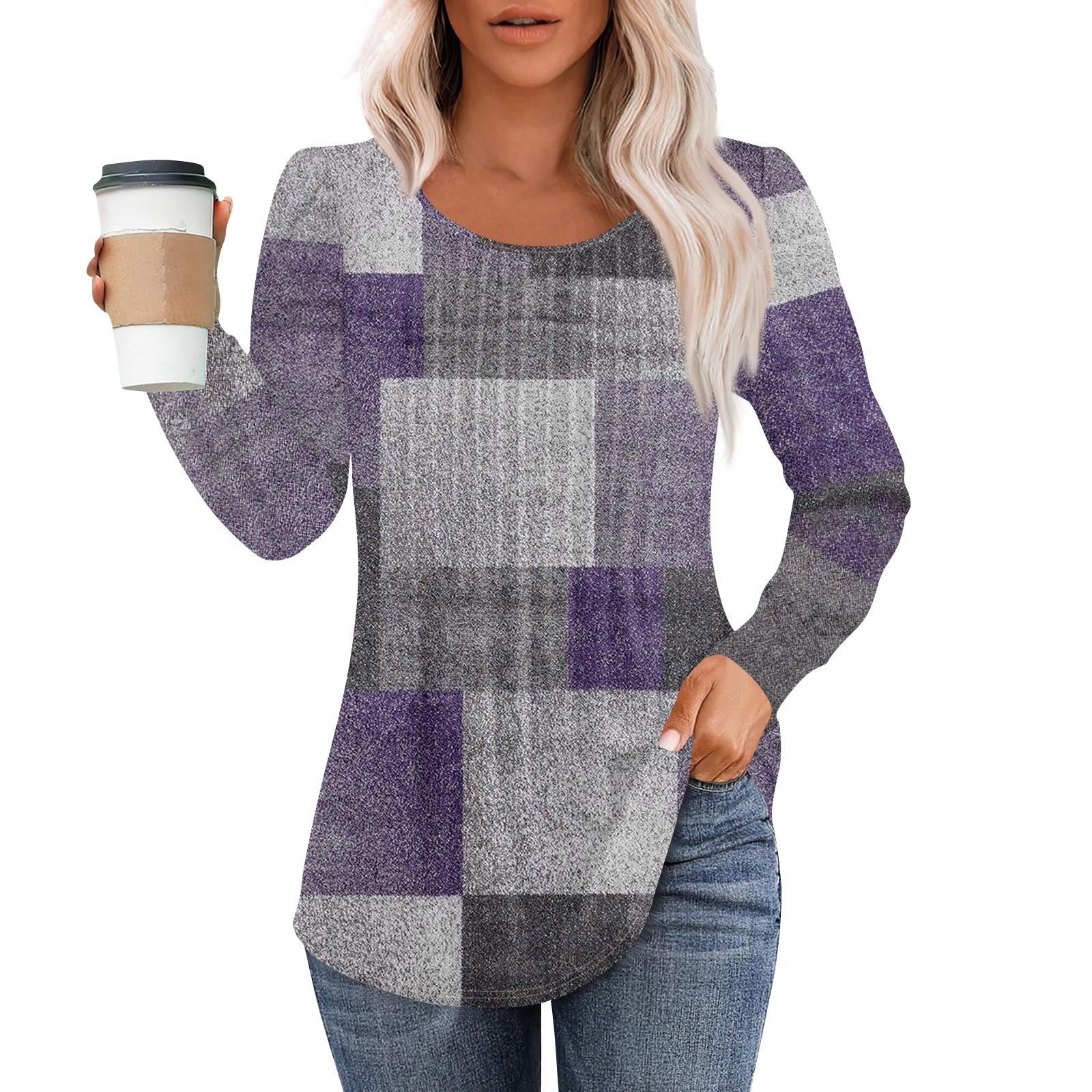 

Сорочки з довгим рукавом для жінок Топи Одягнені повсякденні блузки Плісе Топи-туніки з вигнутою горловиною XXL фіолетовий