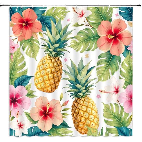 Pineapple Flower Shower Curtain Tropical Exotic Hawaii Fruit Summer Plant Hibiscus Flower Fresh Monstera Botanical Polyester Fabric Bathroom Curtain 70 W x 70 L (Pack of 1)