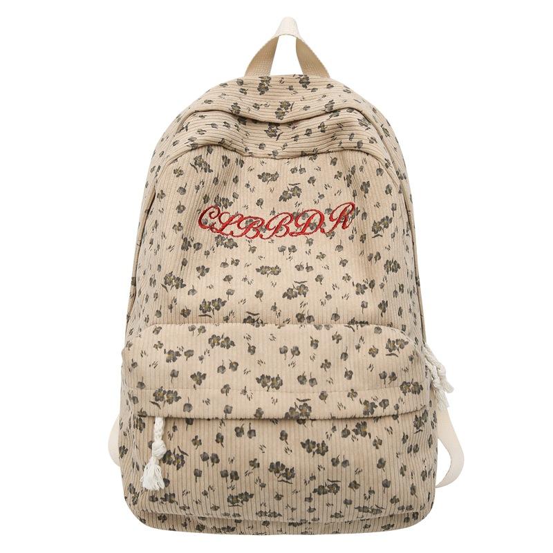 Women's Floral Print Backpack Corduroy Student School Bag Campus Large Capacity Backpack