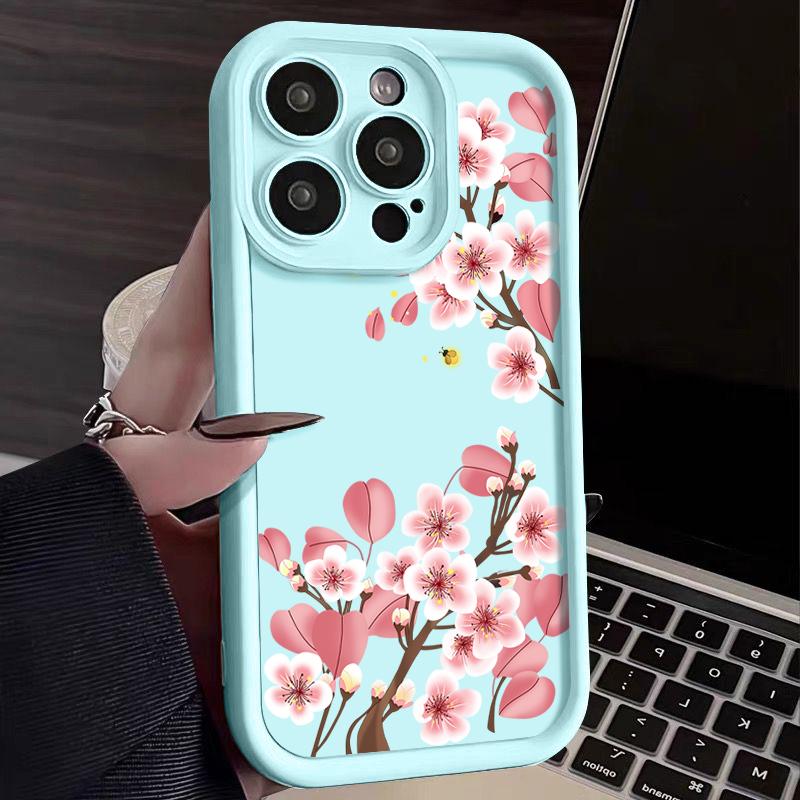 

Для iPhone 16 Pro Max 15 Pro 14 Plus 13 12 11 XS 8 7 чехол для телефона розовый цветочный принт матовый противоударный защита линз TPU мягкий бампер чехол iPhone 12 светло-синий