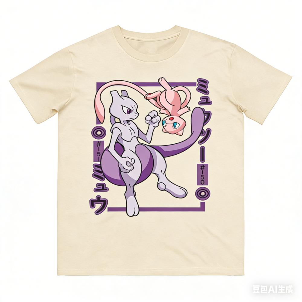 Pokémon Mewtwo Mew Printed Pure Cotton T-shirt for Men and Women Spring_Summer New Collection Fashion Short Sleeved Shirt