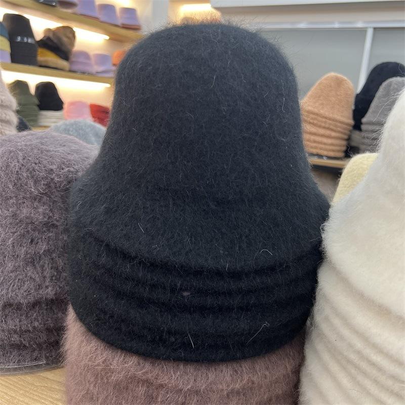 

Angora rabbit fur blended plush bucket hat women s winter warm fashion wool straight bell basin hat M（56-58cm） чёрный