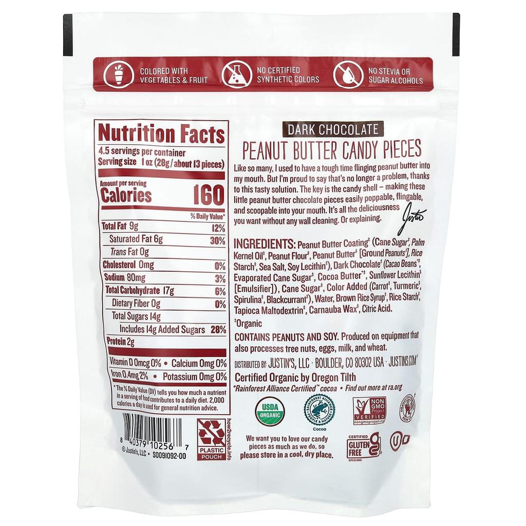 Justin's Nut Butter, Organic Peanut Butter Candy Pieces, Dark Chocolate, 4.5 oz (128 g)