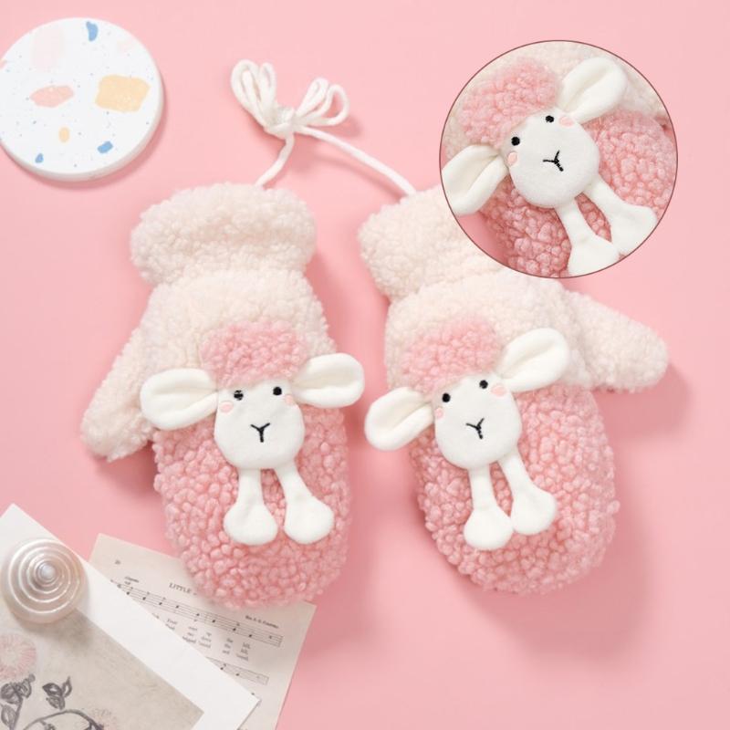 Fluffy Animal Mittens Plush Sheep Gloves with String Full Finger Mittens Winter Warm Mittens Cartoon Gloves for Women