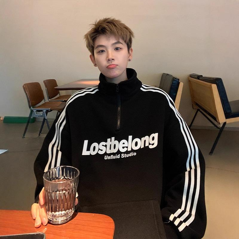 

Half Zipper Polo Collar Sweatshirt Men s Striped Design Niche Autumn Stand Collar Jacket XXL