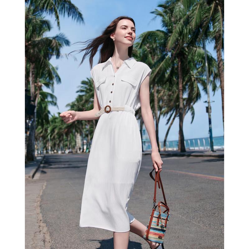 Baitu Women's Summer Sleeveless Lapel Belted Dress