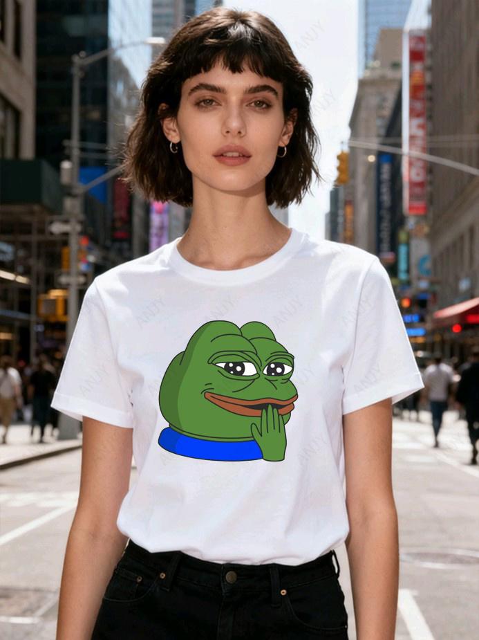 Sad Frog Cartoon Printed Short Sleeved T-shirt for Men and Women  Loose and Casual Summer Top