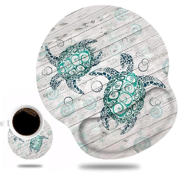 Ergonomic Mouse Pad Wrist Support and Cute Coffee Coaster, Non Slip PU Base Mouse Pad Wrist Rest for Computer, Office Gaming, Working, Easy Typing & Baby Sea Turtle