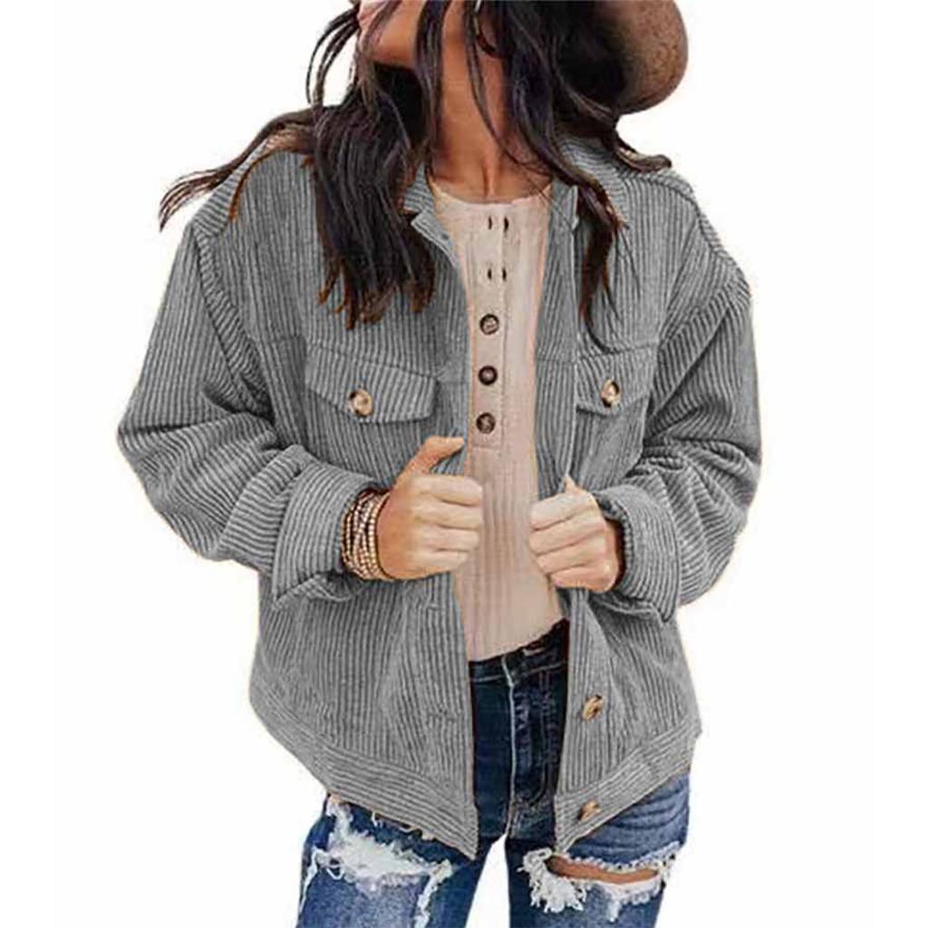 Women's  And Winter Loose Corduroy Lapel Double Pockets Long-Sleeved Shirt Jacket