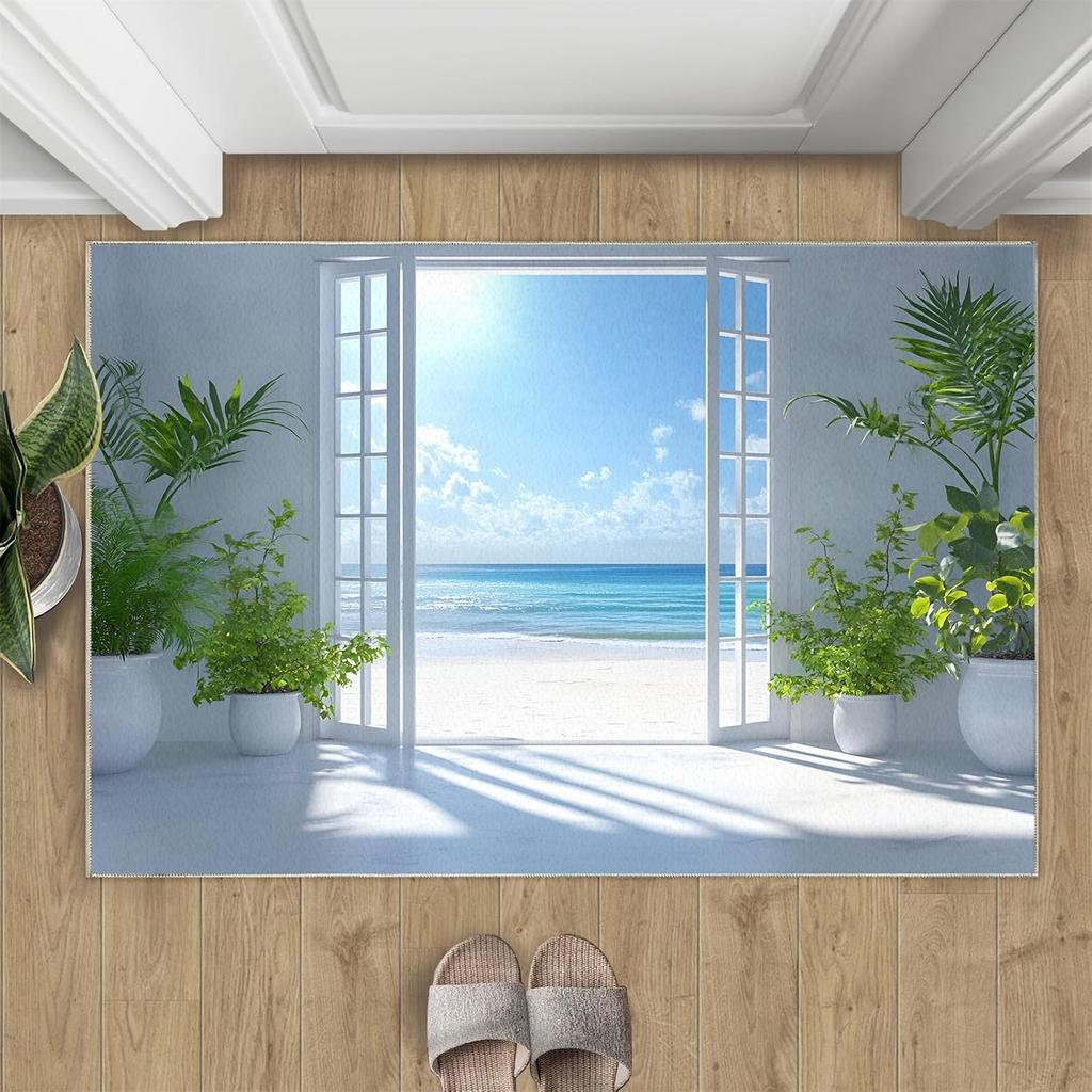 Urlaubsstil Strand Fußmatte Palmen Ozeanwellen Weiße Wolken Druck Urlaubsthema Heimdeko Eingangsteppich für Wohnzimmer
