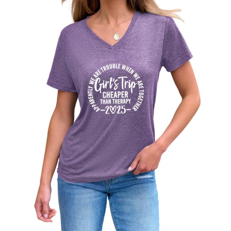 Inspirational Text Printed Top Loose Casual Simple V-neck Short Sleeved Women's T-shirts