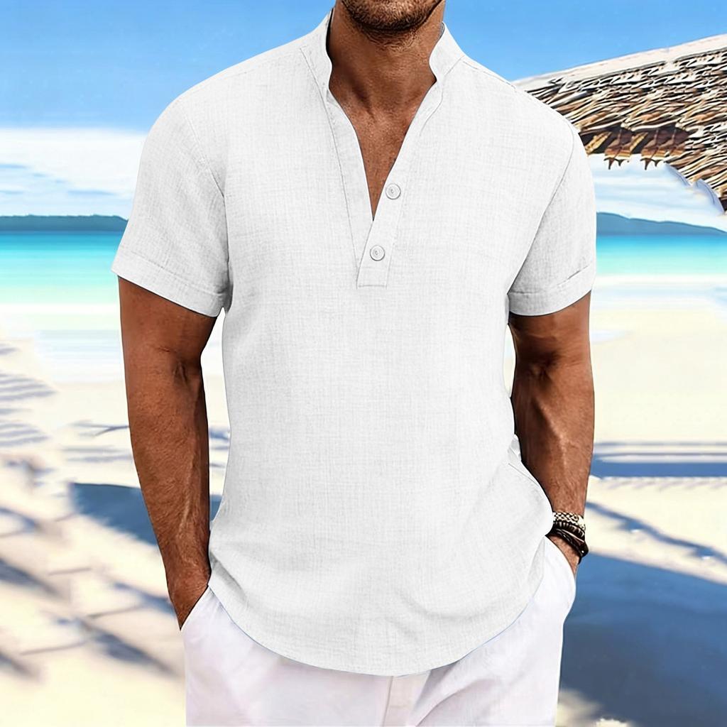 Men's Stand-up Collar, Half-open Jacket, Linen Short-sleeved Shirt