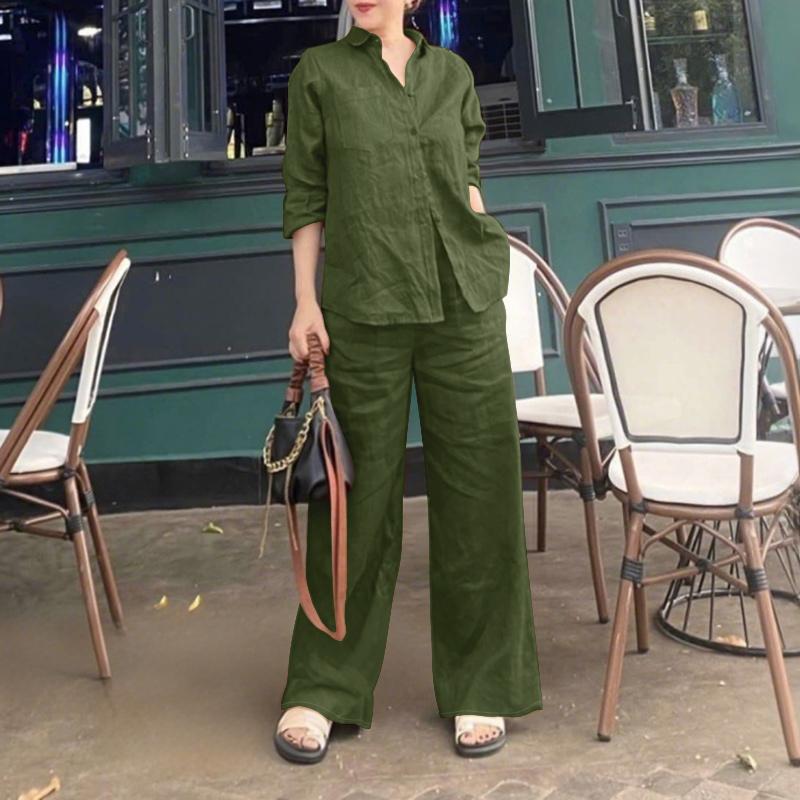 

ZANZEA Женская блузка с длинным рукавом и брюки повседневный комплект из двух частей 5XL армия зеленый