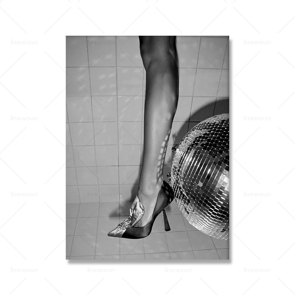 High Heels Disco Ball Print Black and White Fashion Poster Trendy Wall Art Pictures Party Girly Dorm Room Decor Canvas Painting