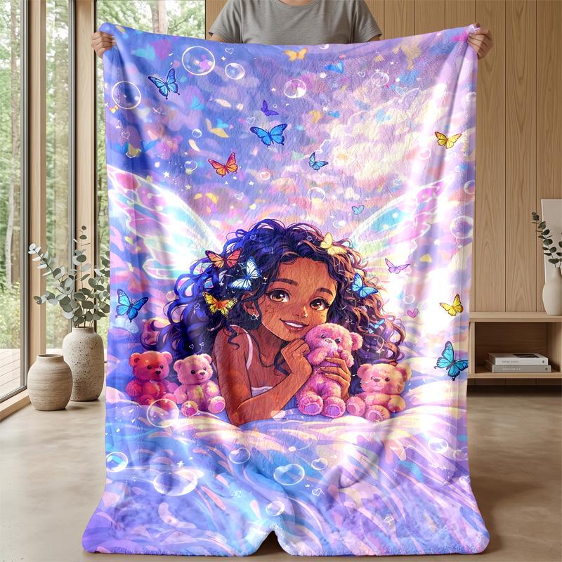 Fairy with Butterflies and Teddy Bears Theme Blanket Lightweight Warm Flannel Blanket Decorative Throw Blanket for Home Decoration