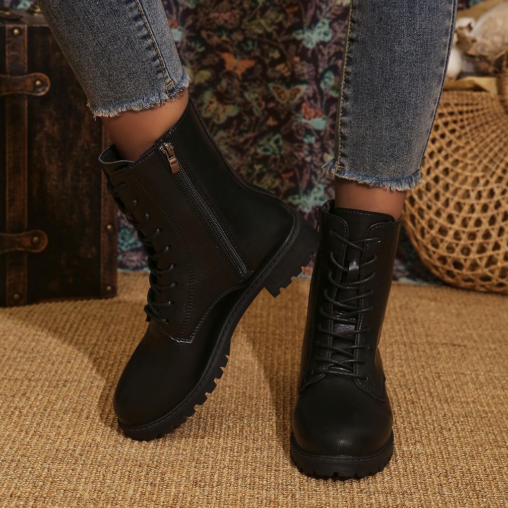 Foreign Trade Large Size Round Head Thick Sole 2025 New Lace-up Short Tube European and American Style Fashion Women's Martin Boots