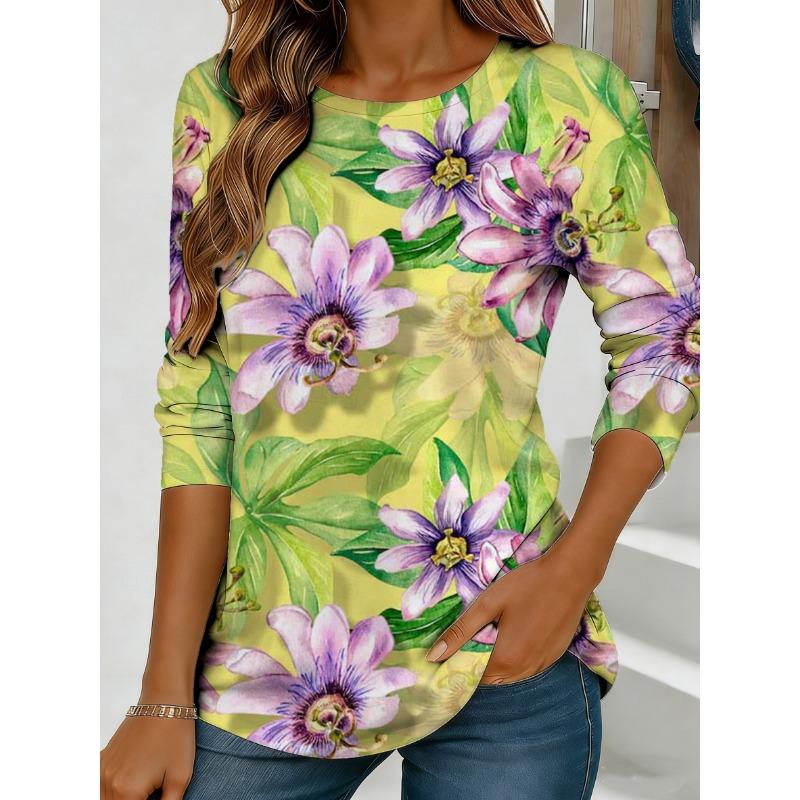 Women's Passionflower Print Long-Sleeved Loose-Fit Round Neck Top, Casual, Everyday, Stylish and Elegant