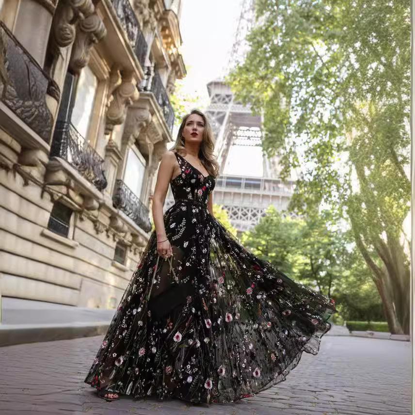 eBay Sexy Deep V Sleeveless Embroidered Dress, Slim Halter Dress Prom Dress Long Dress