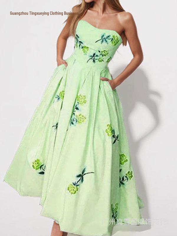 European American Women's Floral Square Neck Spring Dress with Slit
