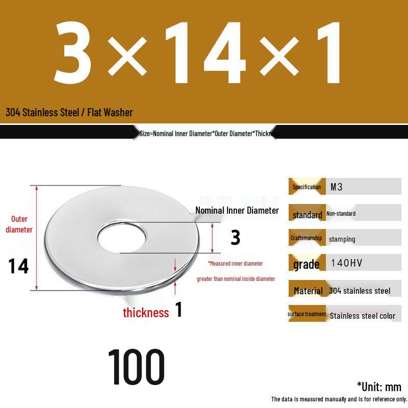 304 Stainless Steel Thickened Flat Washer Set, Sizes 2-36
