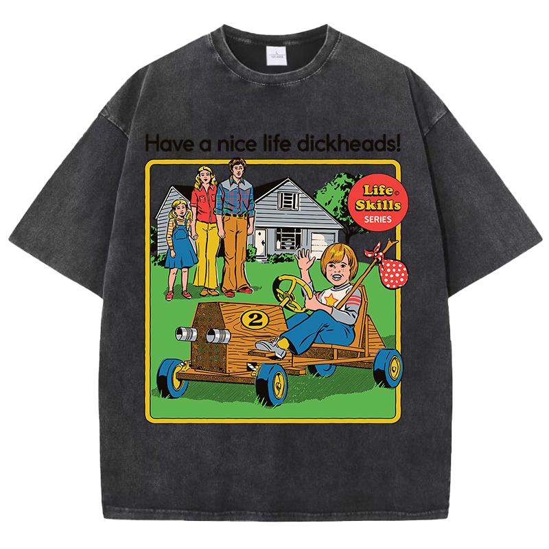 Life Skills Series Printing Washed Tee Shirt Mans Summer Crewneck Clothes Soft Cotton Short Sleeve Casual T-Shirts