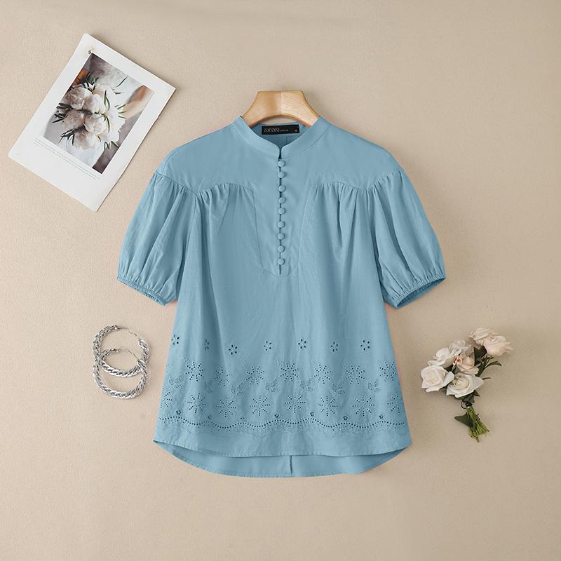 ZANZEA Women Casual Round Neck Short Sleeve Loose Patchwork Crochet Blouse