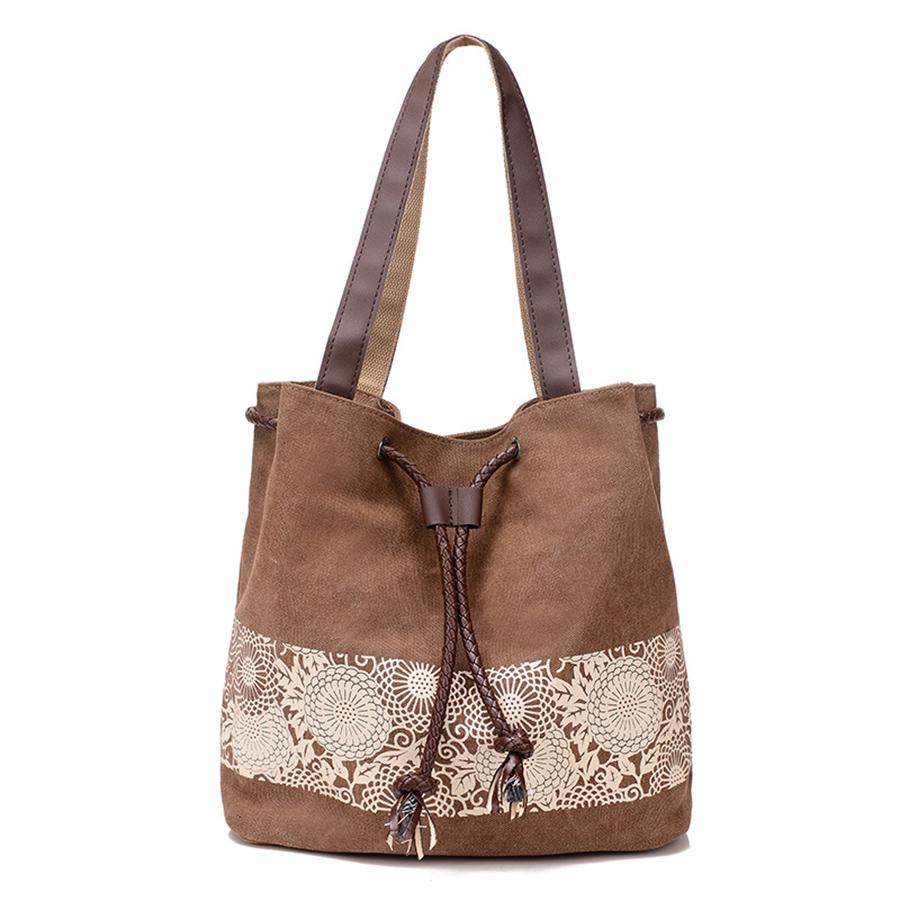 

Women s fashi Ethnic-style canvas shoulder bag with floral print retro casual drawstring design purse and handbags bolso mujer 30x12x29cm коричневый