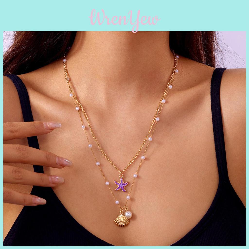 Geometric Pearl Pendant Chain With Shell And Starfish For Summer Beach Vacation