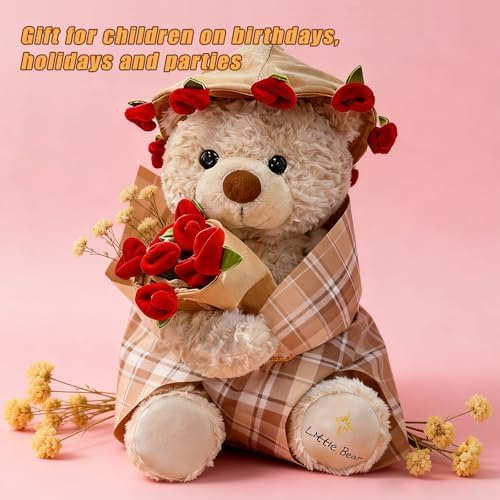 30cm Teddy Bear Plush Toy with Rose Bouquet and Hat, Romantic Valentine's Day Birthday Gift for Women Girls, Decoration Doll (Beige)