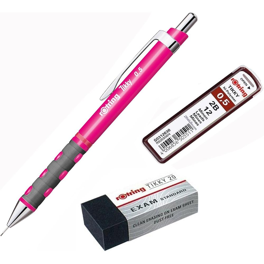 Rotring Tikky Mechanical Pencil, 0.5mm, Neon Pink Plus 2B Lead Box & Eraser
