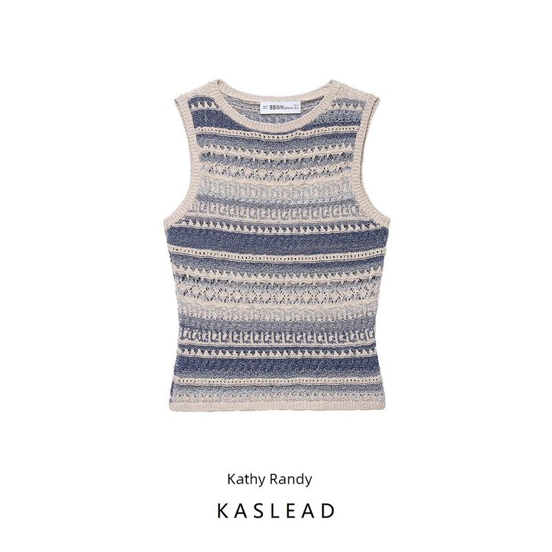 Kaslead New Women clothes Western Style Fashion Stripe Texture Knitted Sleeveless Top 3991009