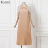 ZANZEA Womens Turn Down Collar Loose Casual Sleeveless Pleated Dress