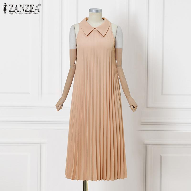 ZANZEA Womens Turn Down Collar Loose Casual Sleeveless Pleated Dress