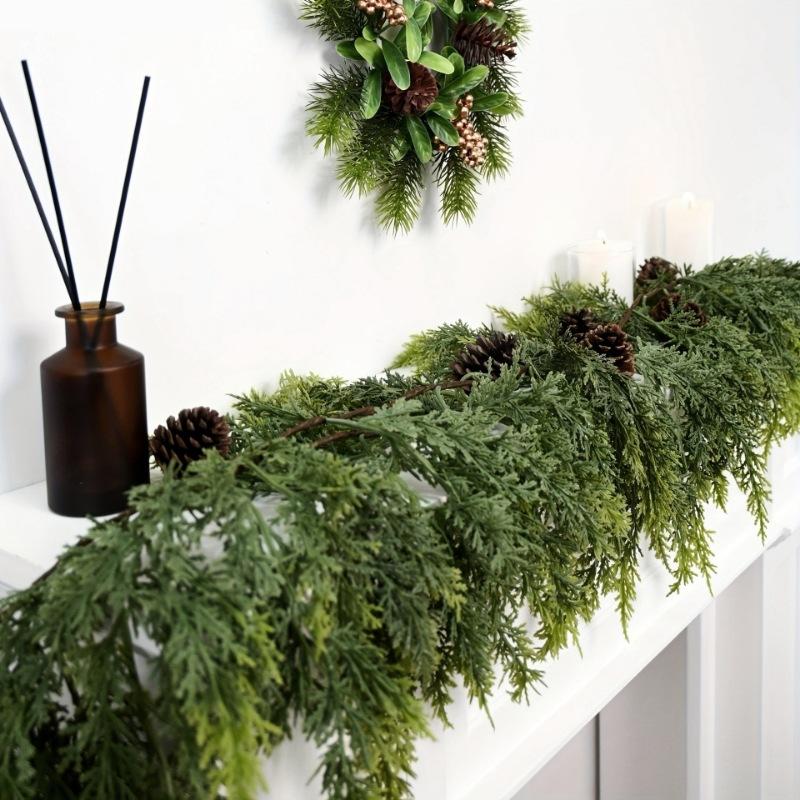 Hot Handmade Christmas Garland,Artificial Cedar Needles Green Seasonal Garland For Christmas TV Cabinet Winter Holiday Decor